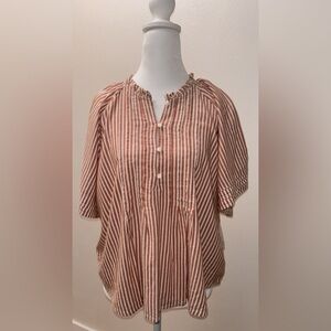 Anna White and Brown Short Sleeve Blouse with Mandarin Collar